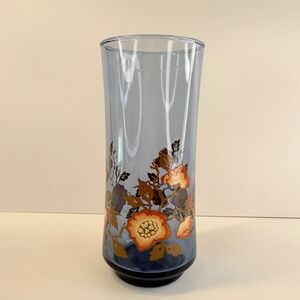 Libbey‎ Orange Poppies Franco Blue Single Tumbler Glass 6.5" 70s Vintage MCM